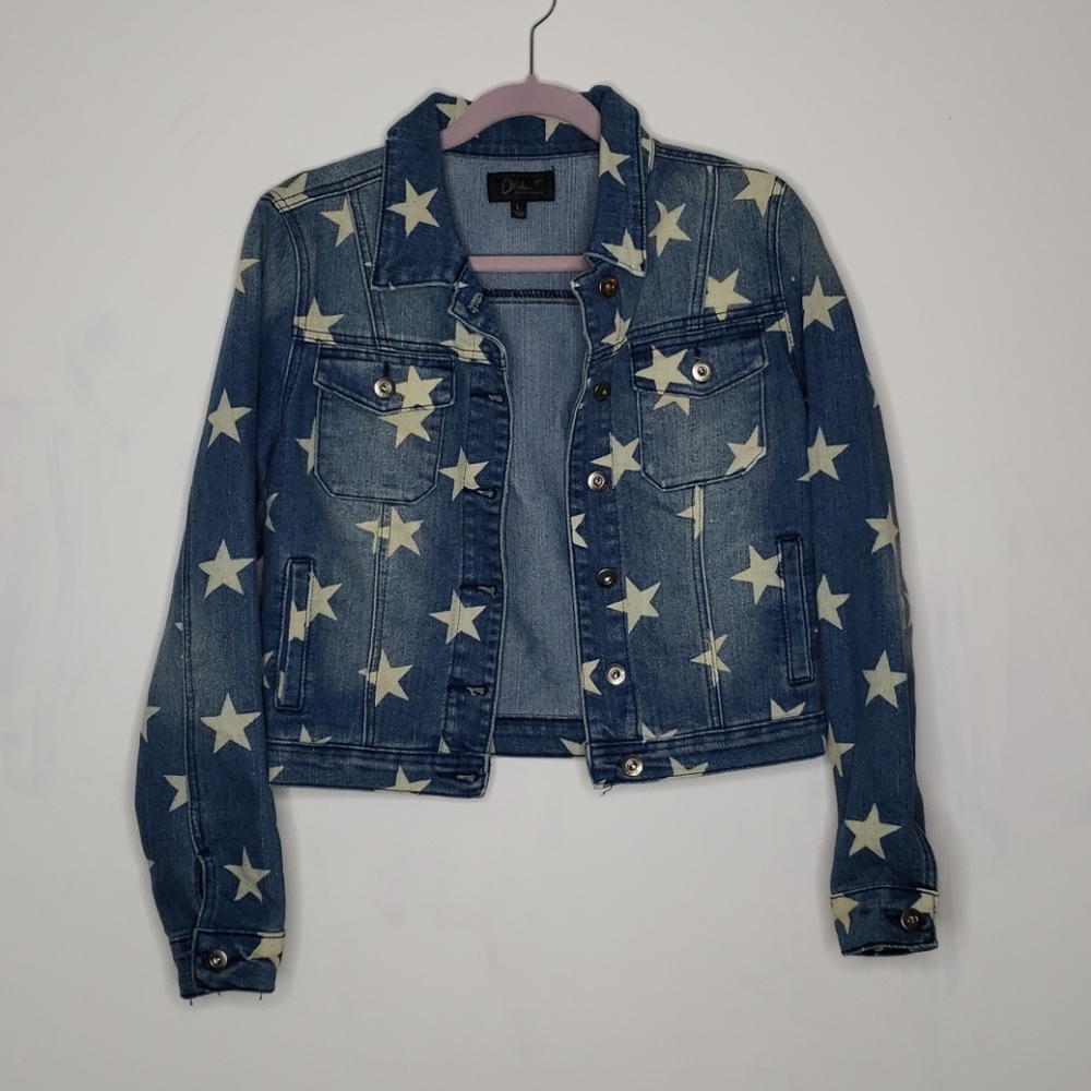 Star Print Cropped Denim Jacket